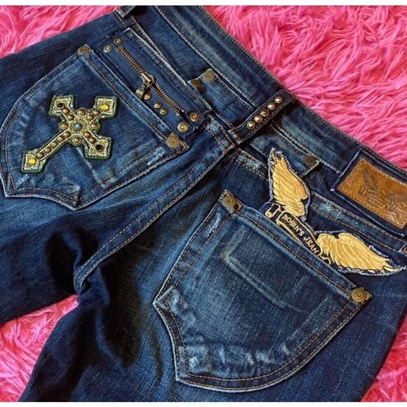 Vintage Robins Jean Rock N Roll Jeans Cross Angel Embroidery - Picture 4 of 12